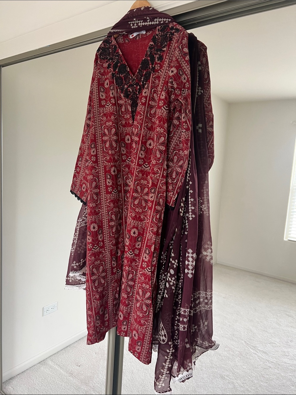 Khaadi 2 Piece Cotton Outfit Red Printed V-Neck Women's Dress with Scarf